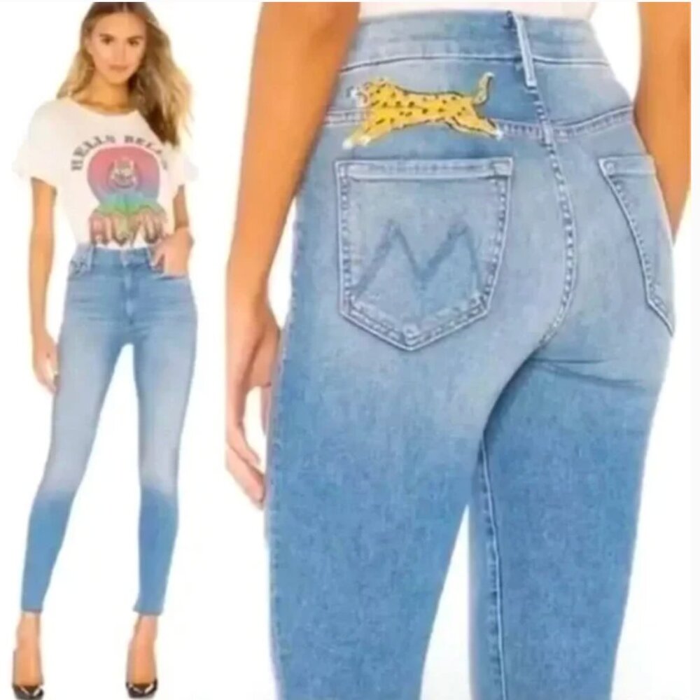MOTHER looker ankle fray shoot to thrill wash leopard light wash denim skinny 25